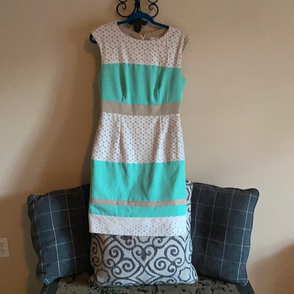 Studio one: Mint, Tan, and white lace above the knee event dress